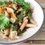 Penne integrali con pollo al curry, carote julienne e indivia